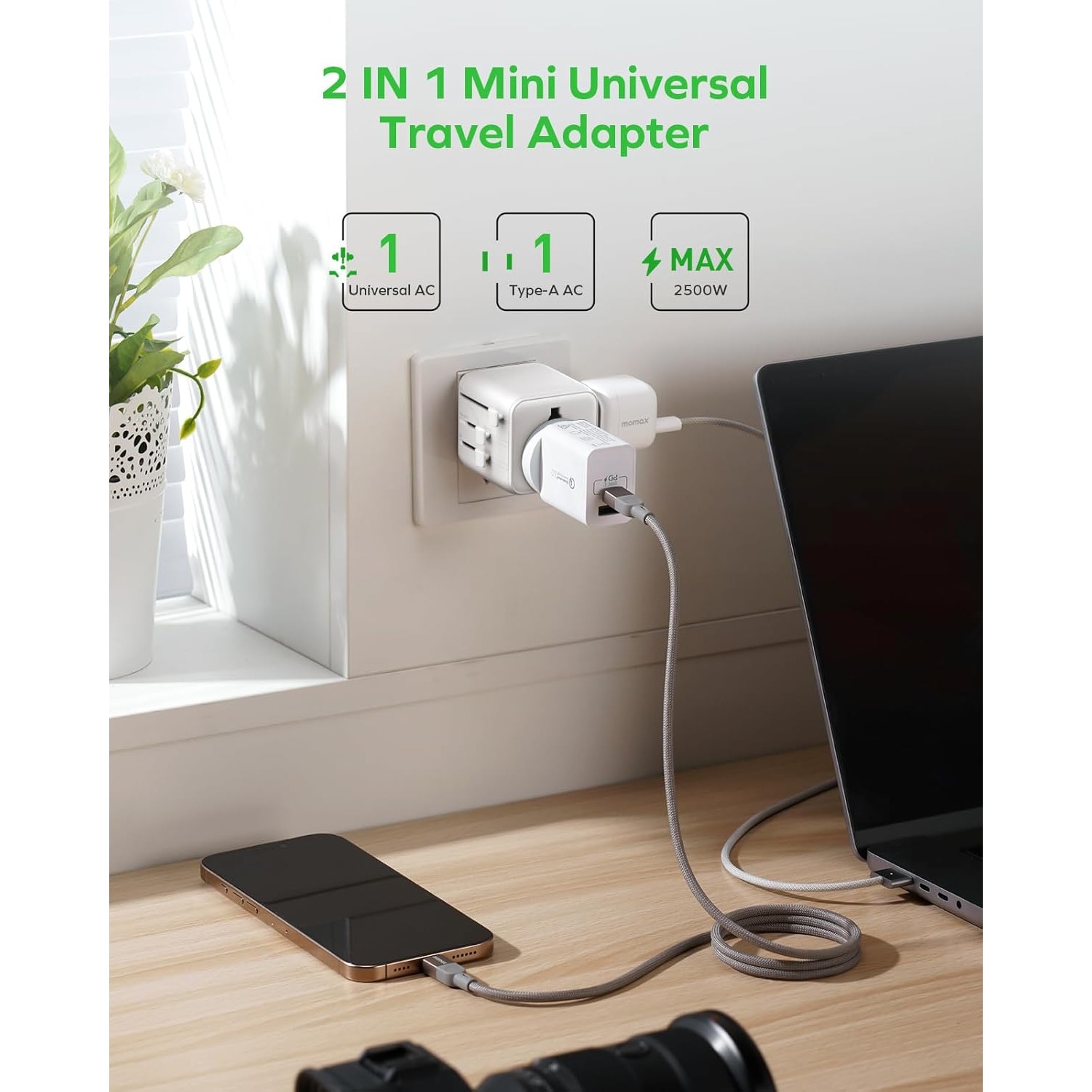 Mini adaptor universal de calatorie la nivel mondial, roz, 2 AC ...