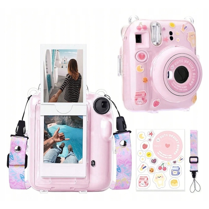 Husa transparenta EtuiTab pentru FujiFilm Instax Mini 12, curea roz, set autocolante colorate, 12,5x11,5x6cm