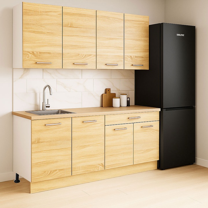 Set mobilier bucatarie cu soft-close, BadenMob Germania, 160cm, corpuri inalte, blat gros, corp cu sertar, Sonoma