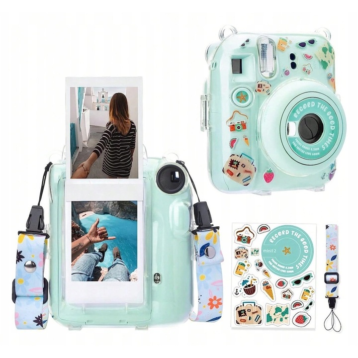 Husa transparenta EtuiTab pentru FujiFilm Instax Mini 12, curea ajustabila, set autocolante colorate, 12,5x11,5x6cm