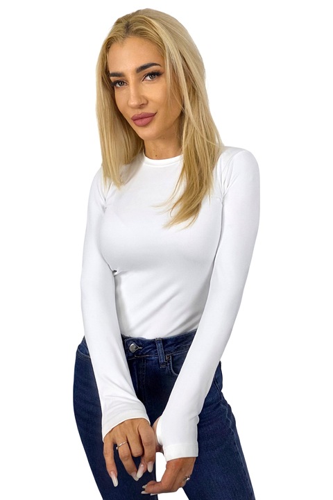 Bluza midi BASIC, cu guler rotund si fenta deget, Alb