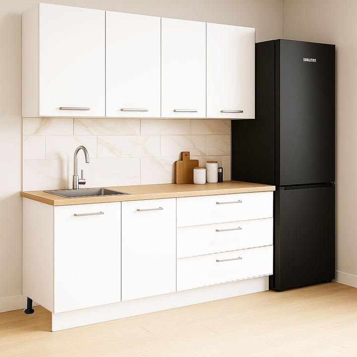 Set mobilier bucatarie cu soft-close, BadenMob Germania, 160cm, corpuri inalte, blat gros, corp cu 3 sertare, Alb