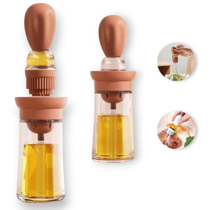 Set 2 Oliviera LuckyLu®, oliviera cu perie din sticla si silicon, dozatoare gradata, 180ml, Pentru Uleiuri/Sosuri/Otet