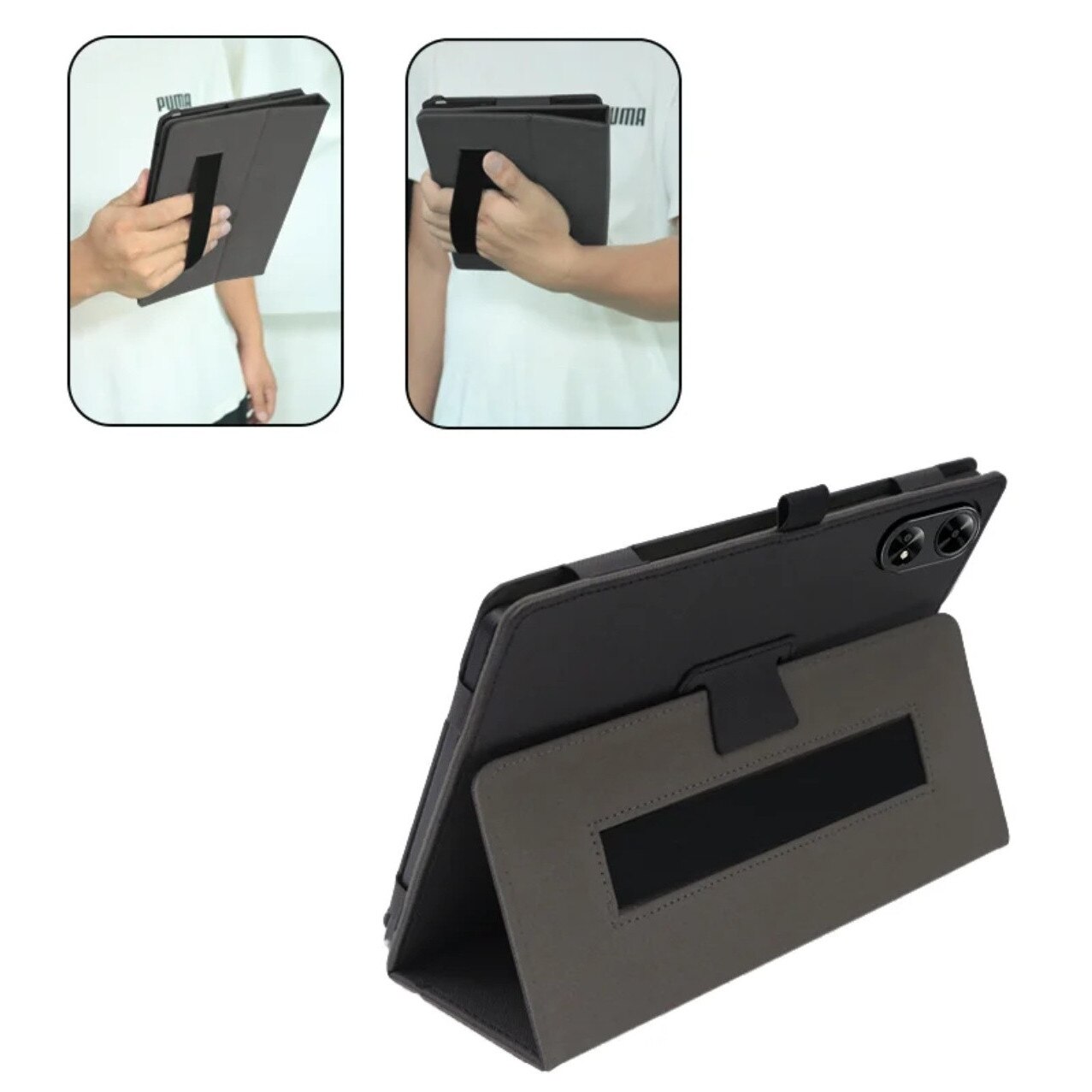 Husa pentru tableta EtuiTab, DOOGEE Tab G6+ PLUS 11", neagra, din piele ecologica si policarbonat, cu suport si maner integrat