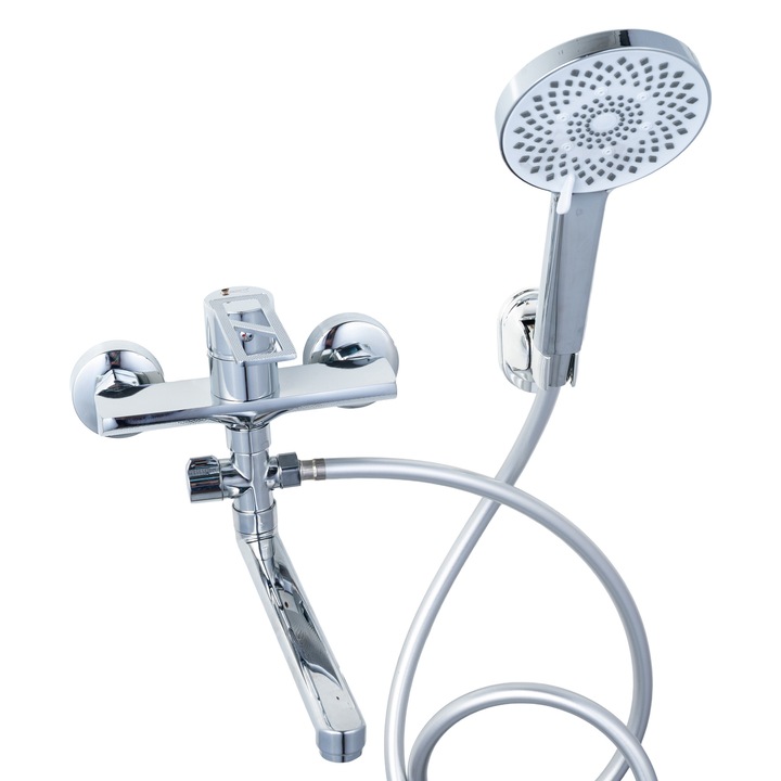 Baterie cada-dus monocomanda cu pipa lunga mobila, set dus si accesorii – finisaj cromat