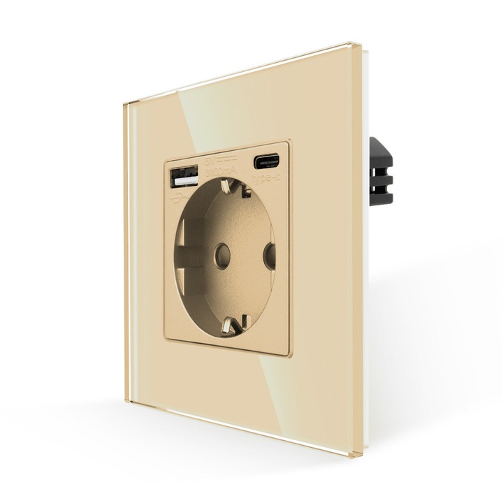 Luxion Egyszerű Dugalj – Konnektor + USB-A + USB-C Üvegkerettel, Arany