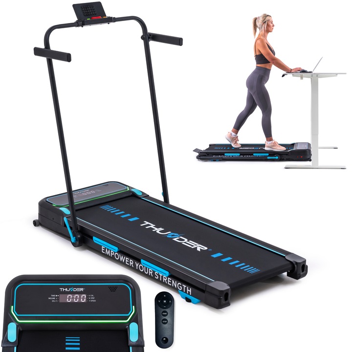 Banda de alergare electrica, Thunder, VIVA-PRO, 2 CP, Bluetooth, Fitshow/Kinomap/Zwift, viteza maxima 12km/h, maxima suportata 120kg, 15 niveluri inclinatie automata, pliabila, roti transport, cheie siguranta, suport tableta/smartphone, Negru