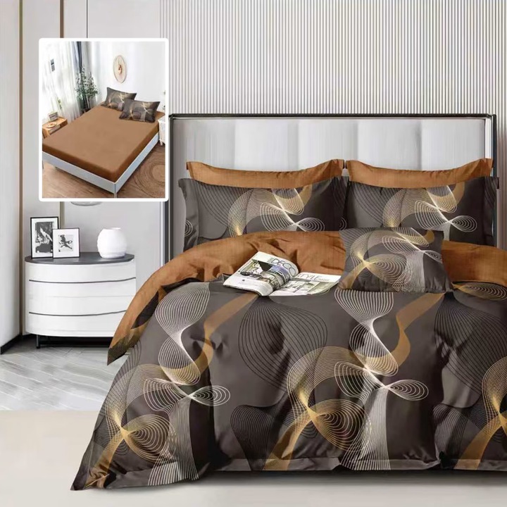 Lenjerie de pat Finet, cearceaf cu elastic 160x200cm, 6 piese, pentru pat dublu, multicolor, Ralex Pucioasa, LDP-FINH160-316