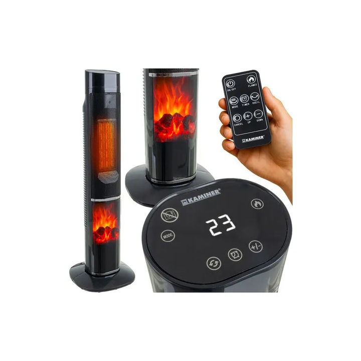 Aeroterma, Kaminer, cu ventilator, efect de flacara, 2000W, negru, 77x20x20cm