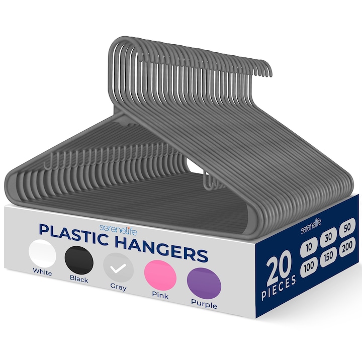 Set de 20 umerase pentru haine, serenelife, plastic, gri