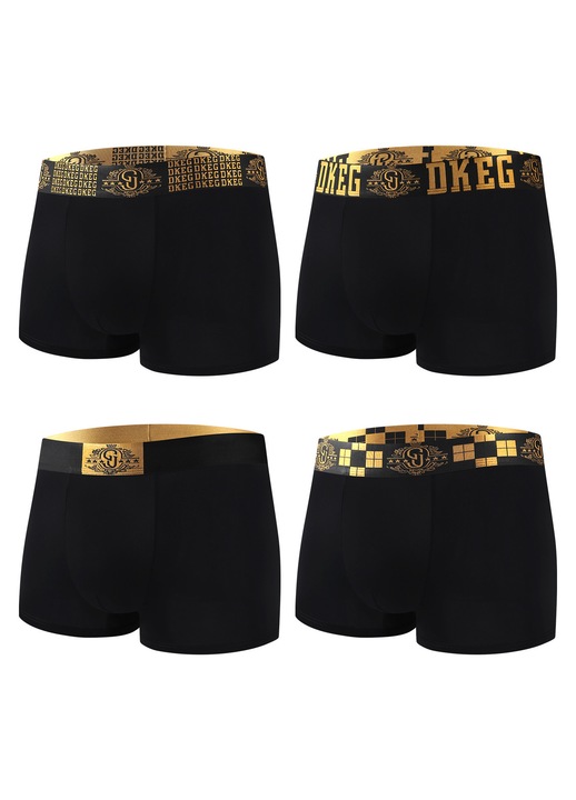 Set de 4 perechi de lenjerie scurta pentru barbati DKEG, material poliamida nailon, design negru-auriu cu talie stilizata, Negru