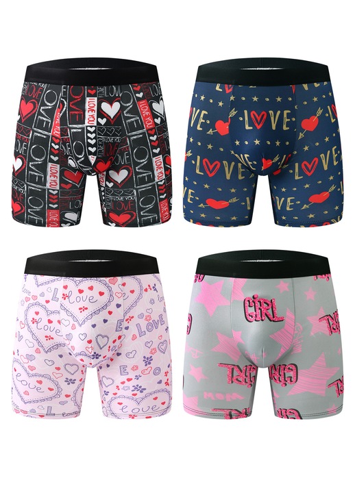 Set 4 perechi de lenjerie scurta barbati cu tema dragostei, material poliester teflon, modele colorate cu inima si motive "LOVE, Multicolor
