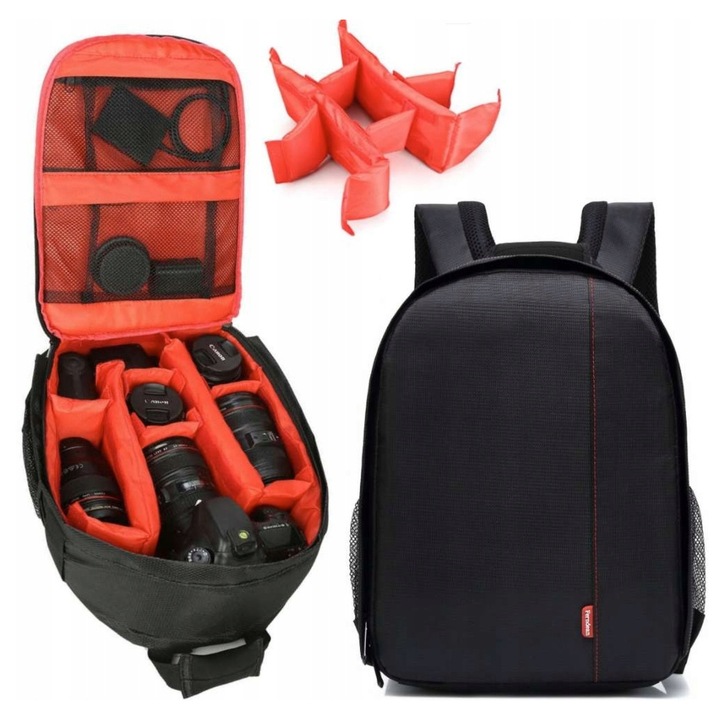 Rucsac pentru aparat foto EtuiTab, impermeabil, negru si rosu, 33x26x12cm