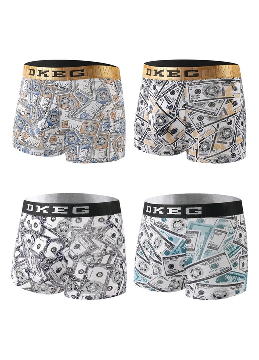 Set 4 perechi de chilot scurt barbati DKEG cu model Monede si Bani, material poliamida nylon, design urban stilizat, 2XL INTL 2XL INTL