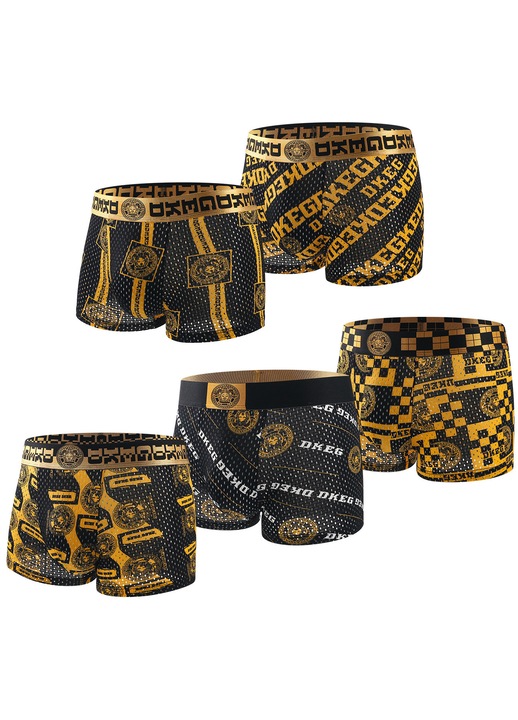 Set de 5 perechi de lenjerie scurta pentru barbati DKEG, material poliamida nailon, design elegant negru-auriu cu logo, Multicolor | Maro