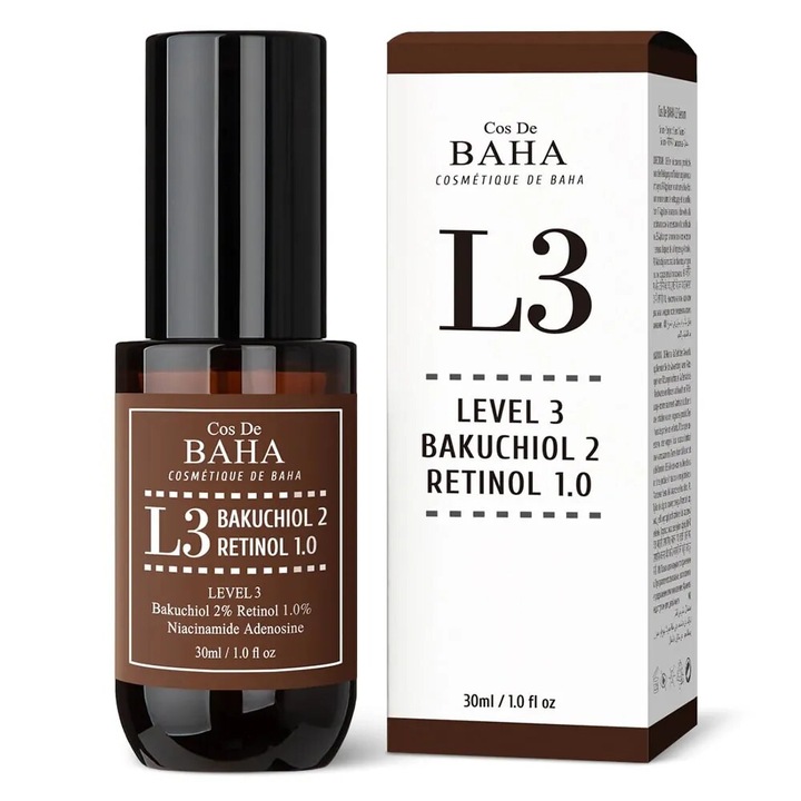 Ser anti-îmbătrânire Cos de Baha L1 Bakuchiol & Retinol, 30 ml, cu acid hialuronic, niacinamida, pentru ten mixt sau matur