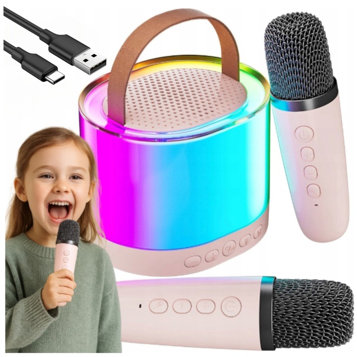 Set karaoke portabil cu difuzor Bluetooth si 2 microfoane, XPART, efecte luminoase RGB, rezistent la praf, 110x91x90mm