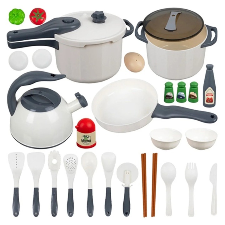 Gyerek konyhai készlet, KRUZZEL, 32 darabos edényekkel, serpenyővel, vízforralóval, evőeszközökkel, zöldségekkel, fűszerekkel és főzőeszközökkel, oktató szerepjáték lányoknak és fiúknak, készség- és kreativitásfejlesztés, tökéletes ajándék