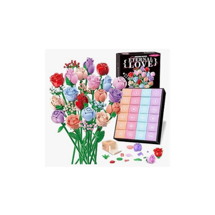 Set de constructie, buchet de blocuri, cutie surpriza de Craciun, roz