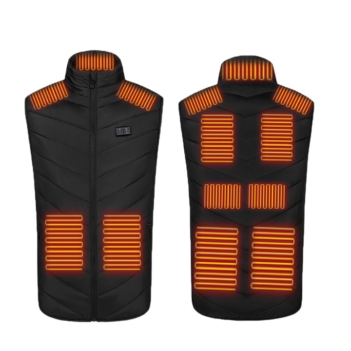 Vesta de incalzire cu guler inalt, electrica, incarcare USB, control dual, 11 zone, neagra, 6XL