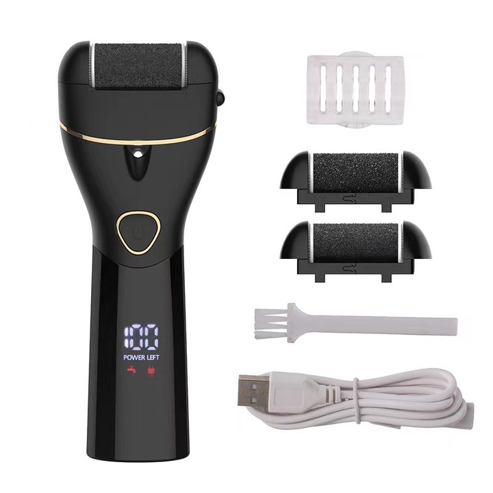 Pila electrica pentru picioare, neagra, cu set de capete de slefuit