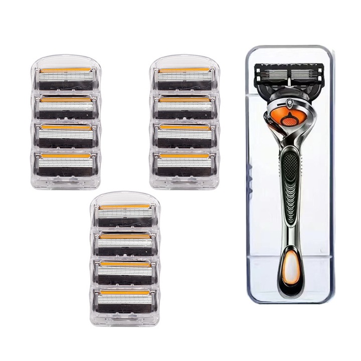 Borotva kiegészítő készlet, 12 db 5 rétegű penge, pengetartó, tárolódoboz, narancs/fekete, 129g