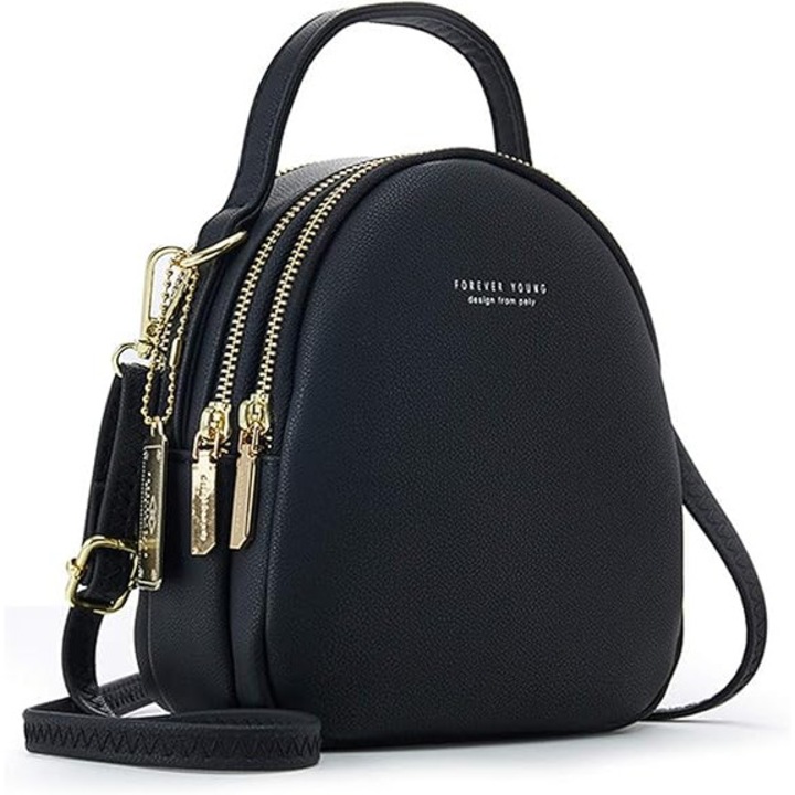 Rucsac mini dama, impermeabil, cu 3 compartimente, curea ajustabila, 15.5x9x19 cm, negru