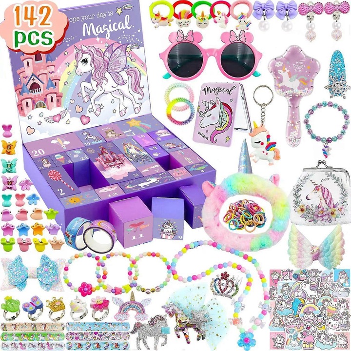 Calendar de Advent pentru Fete, 24 Surprize, Cadouri Unicorn, Cutie Frumos Prezentata, Mov