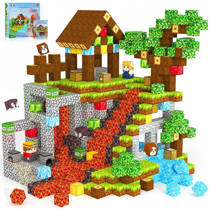 Set de constructie cu blocuri magnetice, 100 bucati, 12 culori, design modular