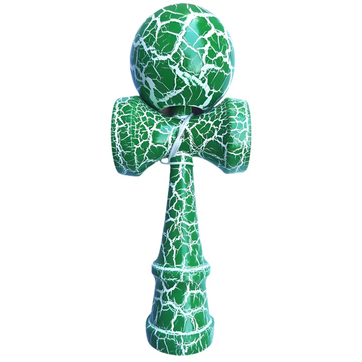 Кендама професионална SDEPOT, японска игра за сръчност, изработена от дърво, модел 18 см, с напукан дизайн, развива концентрацията, търпението и координацията, зелен/бял