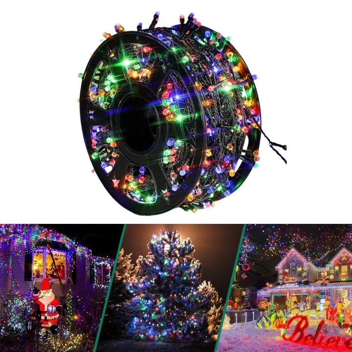 Karácsonyi világítás 100 m, 480 Többszínű LED, Gyémánt izzó, 8 világítási mód, Tekercses, Beltéri és Kültéri, 220V-os tápegység – Nextfarma®