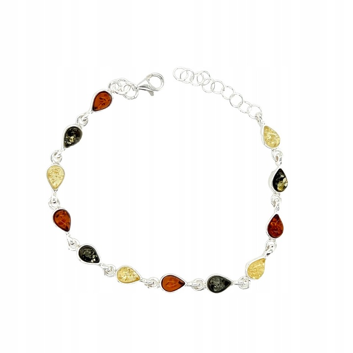 Bratara din argint cu chihlimbar baltic, 19.5cm, verde, chihlimbar coniac, chihlimbar lamaie