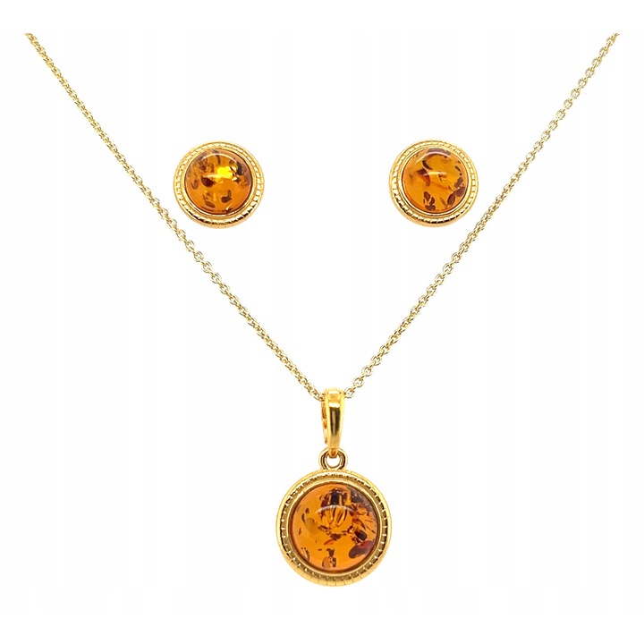 Set bijuterie argintie cu chihlimbar 925, pozlata, culoare chihlimbar, dimensiuni 21x13.5mm (pandantiv) si 11mm (cercel)