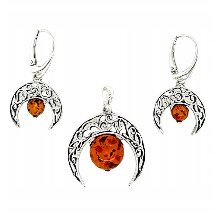 Set bijuterii argintie cu cercei si pandantiv din chihlimbar, 925, culoare chihlimbar, dimensiuni cercei 18.5x35cm, dimensiuni pandantiv 28x35.5cm