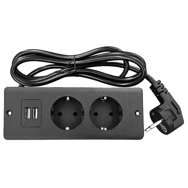 Prelungitor cu 2 prize, 2 porturi USB, AKKEE®, Prelungitor smart, Protectie la supratensiune, Protectie copii, Cordon 2m, Plastic/Metal, 20 x 8 x 7.5cm, Negru