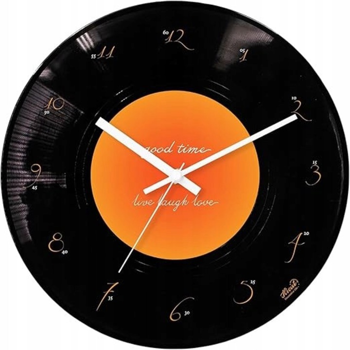 Ceas decorativ vintage de perete, Zola, disc de vinil, dimensiune 30 cm, negru/portocaliu