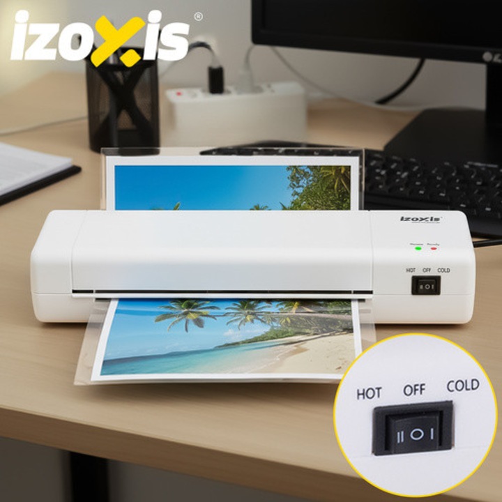 Laminator IZOXIS 4 in 1 500W A4 la cald si rece cu taietor si rotunjitor colturi + 60 folii, timp de incalzire 90 secunde, viteza 400 mm/min, functionare silentioasa, alb