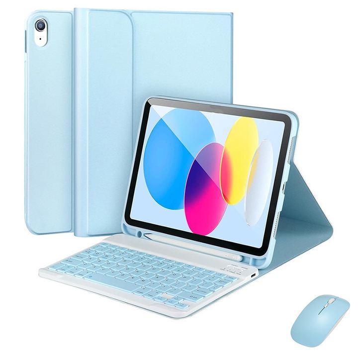 Husa de protectie pentru iPad 11 (A16) / iPad 10 (10.9-inch), include o tastatura Bluetooth albastru deschis, o husa din piele albastru deschis, un mouse Bluetooth reincarcabil albastru deschis si un stylus cu capac magnetic (alb si albastru deschis)