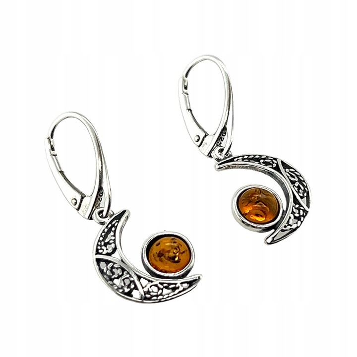 Cercei din argint cu chihlimbar, design oriental, 33.5x12.5mm, culoare chihlimbar coniac, set