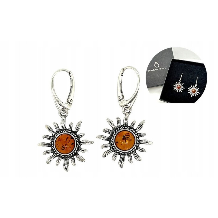 Cercei din argint cu chihlimbar, 40mm x 22.5mm, culoare chihlimbar coniac, set disponibil