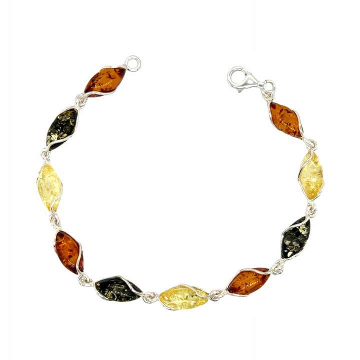 Bratara din argint cu chihlimbar, 20cm, chihlimbar coniac, citrin, verde, argint 925