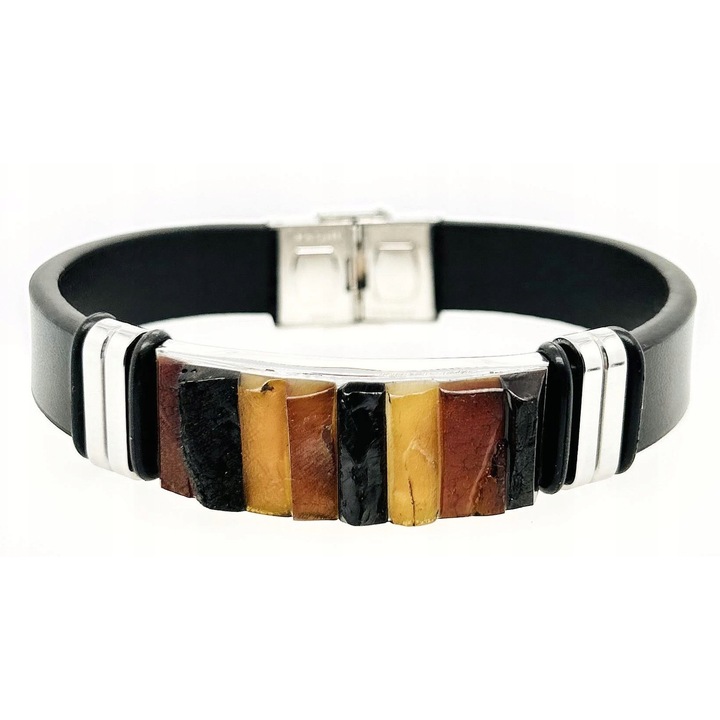 Férfi borostyán és bőr karkötő, 22cm, borostyán szín: konyak, tej, fekete