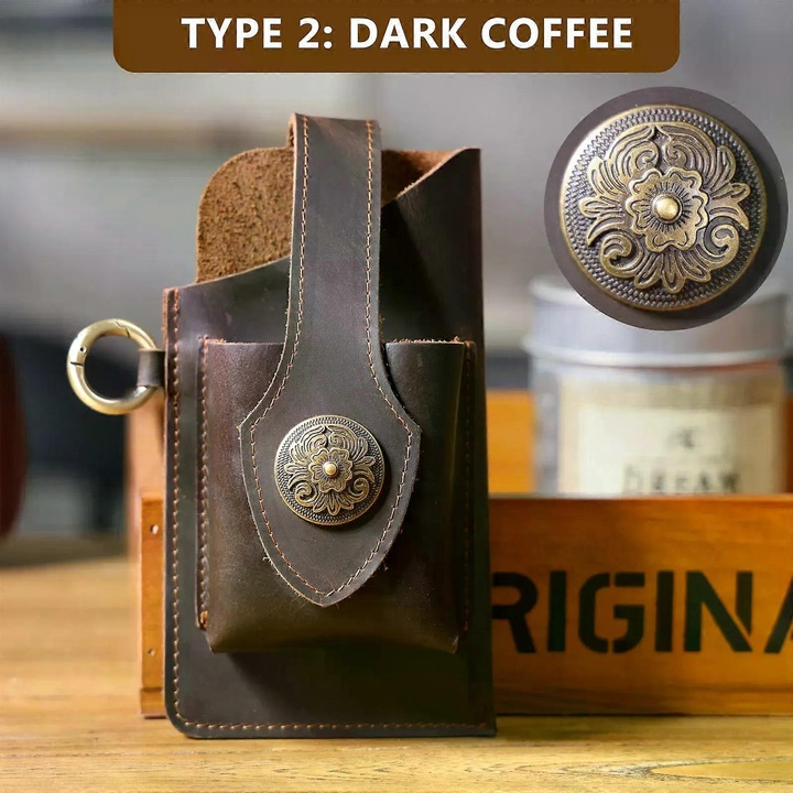 Мъжка чанта за кръст от естествена кожа, винтидж тип, тъмнокафява, с поставка за телефон.