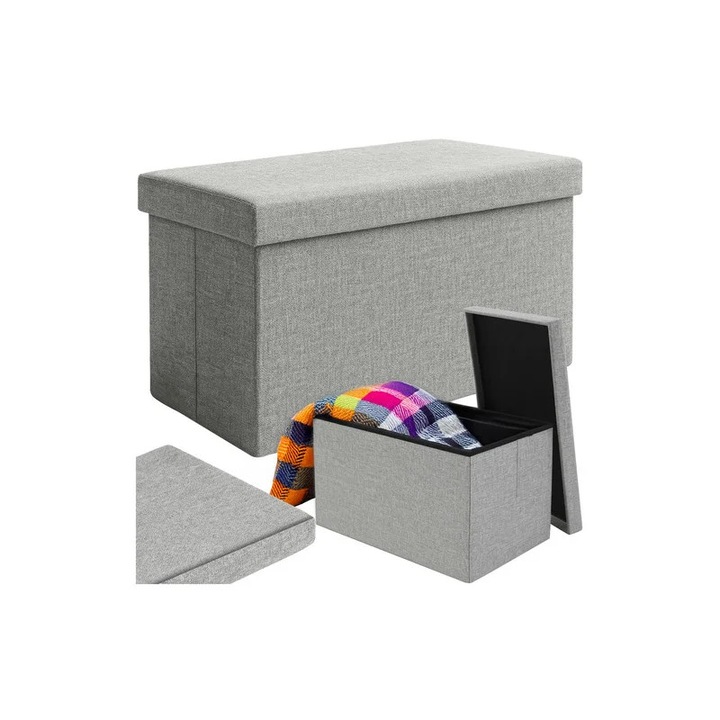 Taburet cu compartiment depozitare, 54 litri, sarcina maxima 80 kg, 60x30x30 cm, material textil gri