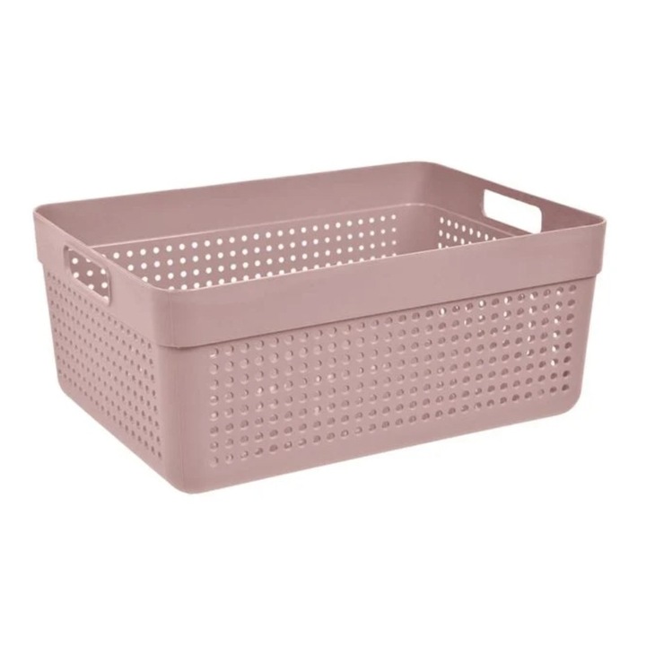 Cos de depozitare AB HOMES, 10L, roz, perforat, cu manere, din plastic rezistent, 32x23x14 cm – ideal pentru baie, bucatarie sau organizare casa