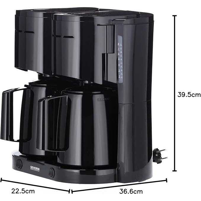 SEVERIN KA 9315 Cafetiera Duo cu filtru si cana termica, cafetiera pentru pana la 16 cesti, aparat atractiv cu 2 cani izolate, negru [Clasa energetica B]