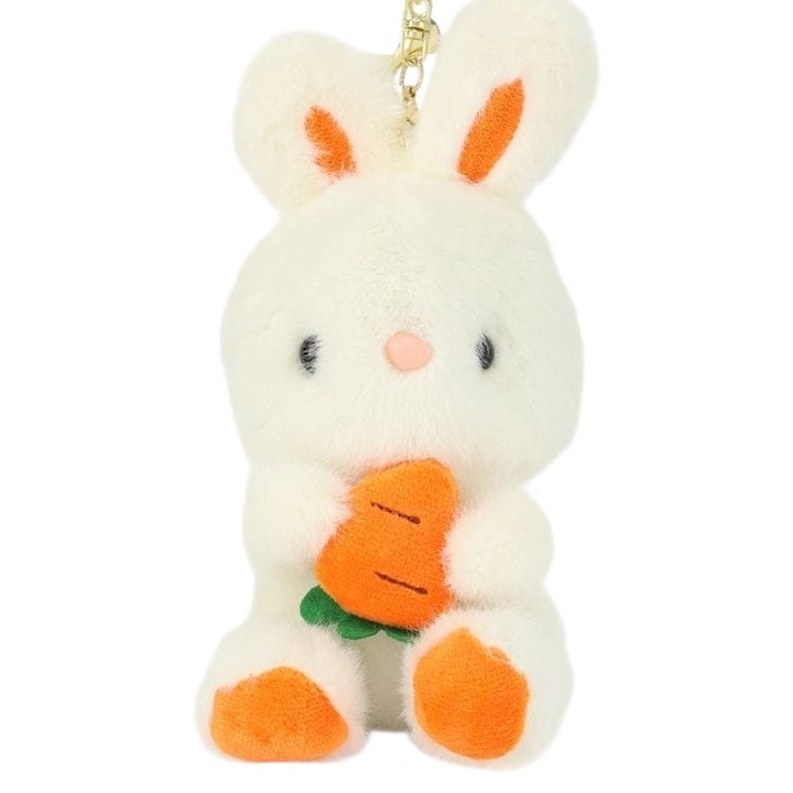 Breloc adorabil iepure cu morcov, 16 cm, cu agatatoare detasabila – jucarie moale pentru copii sau accesoriu pentru ghiozdan, chei ori geanta, material moale si pufos