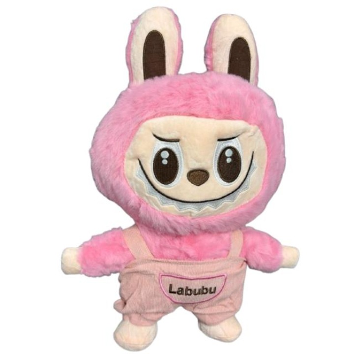 Плюшена играчка LaBubu, мека и пухкава, с гащеризон, розова, 35 см