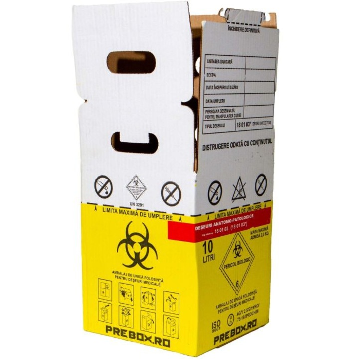 Cutie deseuri medicale cu sac galben Biohazard, 10L, carton 3 straturi, 200x200x250mm
