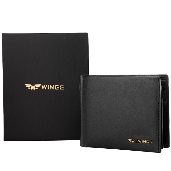 Портфейл, Wings, Premium от естествена кожа, иновативен капак, RFID, черен, 13x10x3 см Мъжки портфейл – подходящ подарък за него